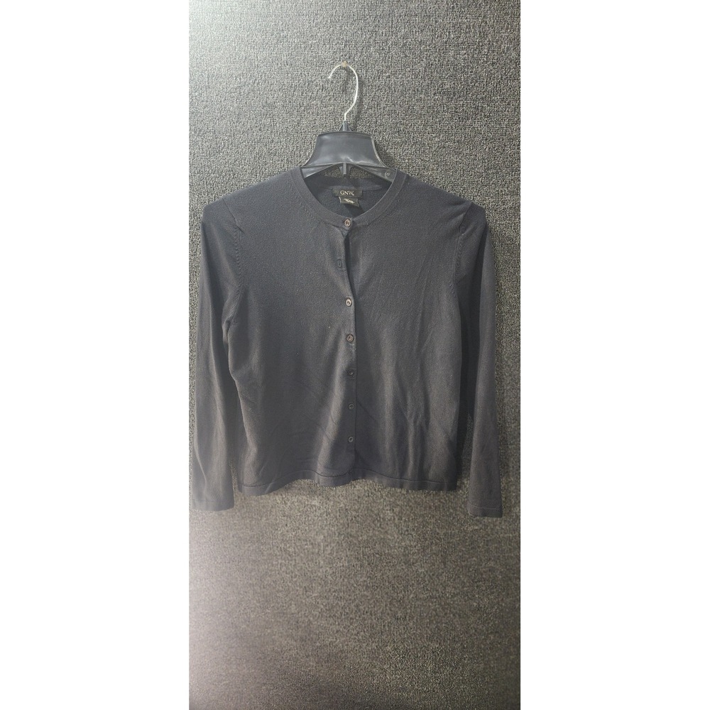GNW Black Button Front Cardigan Sweater Crew Neck Rayon Blend Large